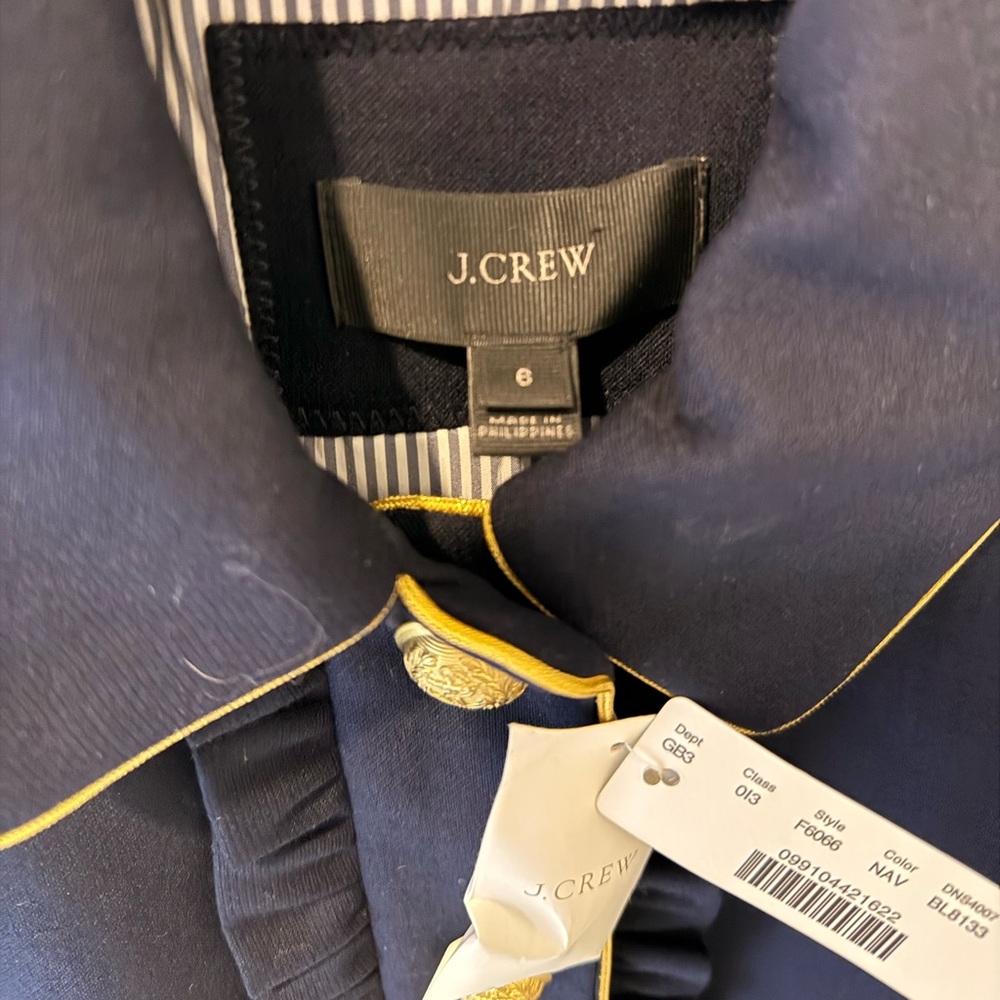 $198 J.Crew Navy Blazer Jacket Gold Crest Buttons Ruffle Front Wool Blend Size 6 - Picture 11 of 16